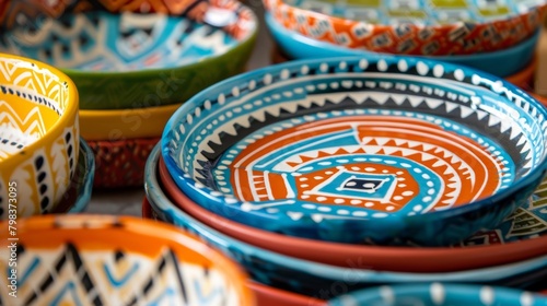 A series of ceramic serving platters each handpainted with intricate geometric patterns and vibrant colors..