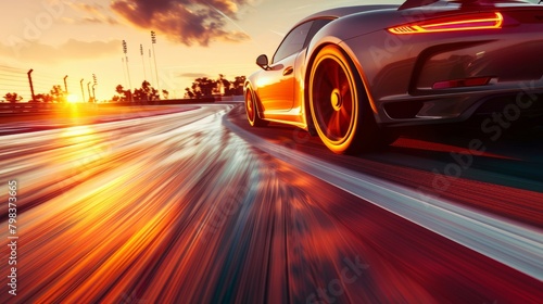 Warm sunset hues highlighting a speeding vehicle on a racetrack.