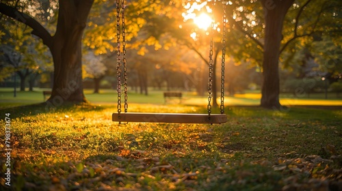 Sunset's warm hues cast upon a still swing in park. photo