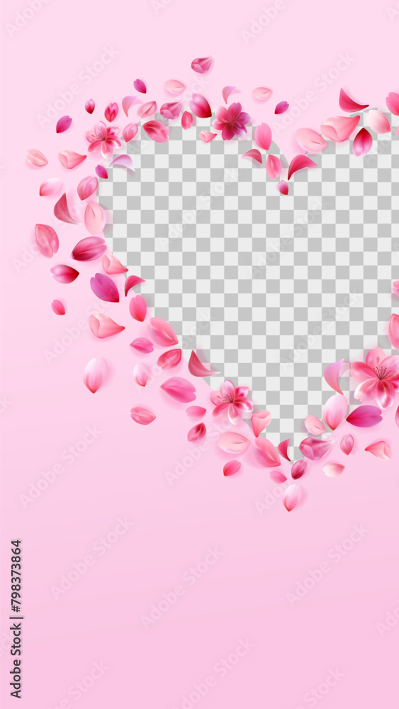 valentines day story template. Rose petals png heart frame isolated on pink background.