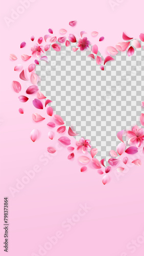 valentines day story template. Rose petals png heart frame isolated on pink background.