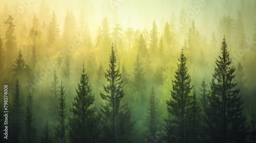 Defocused wilderness landscape with a soft dreamlike quality where tall trees fade into a hazy background of fog. .
