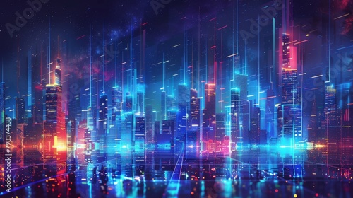 cityscape with space and neon light effect. Modern hi-tech, science, futuristic technology concept. Abstract digital high tech city design for banner background