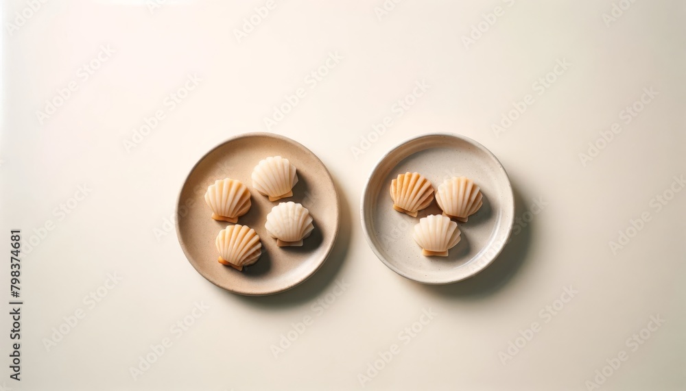 Scallops crafted from taro presented on a plain light background, arranged neatly. Explore the simplicity of taro crafted into scallop shapes, presented cleanly.
