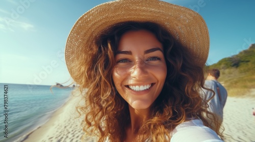 closeup shot of a good looking female tourist. Enjoy free time outdoors near the sea on the beach. Looking at the camera while relaxing on a clear day Poses for travel selfies smiling happy tropical #798374621