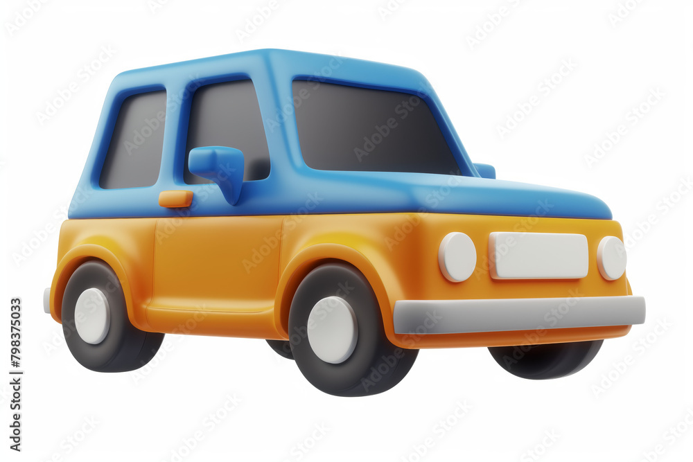 A 3D rendering of a blue and orange toy car.
