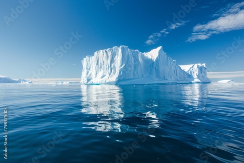 A large ice block floating in the ocean. Business concept photo