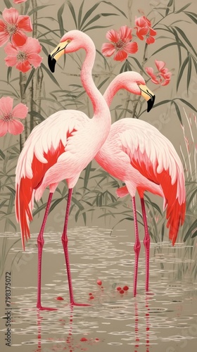 Gold pink silver flamingoes animal nature bird.