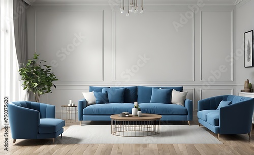 Mockup living room with blue sofa 3d illustration rendering 