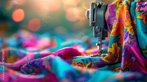 Fashion creation with sewing tools and colorful cloths in soft focus.