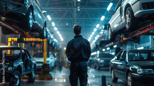 Mechanic gazes at elevated cars in a bustling workshop.