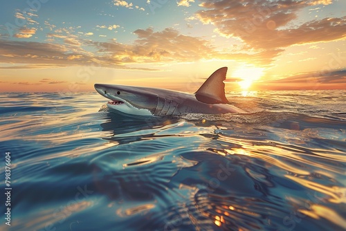 A shark is swimming in the ocean with the sun setting in the background © top images