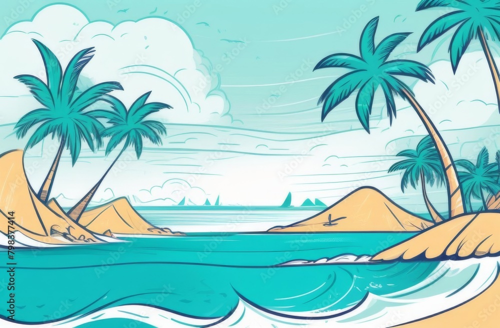 Background with seascape: sandy beach, turquoise water and palm trees Background with seascape: sandy beach, turquoise water and palm trees