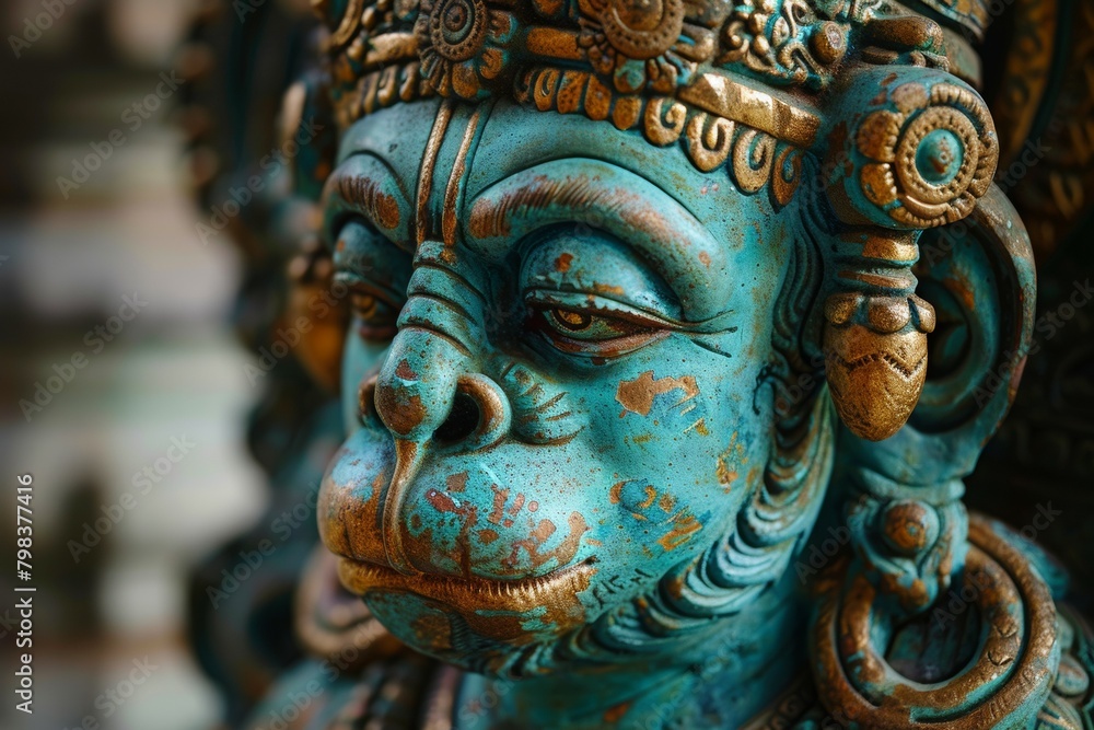 A statue of a monkey with a blue face and gold trim A statue of a monkey with a blue face and gold trim