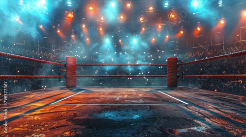 Boxing ring corner in a bright arena with a cheering crowd. photo