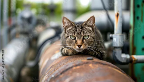 Fototapeta The cat is lying on the pipe