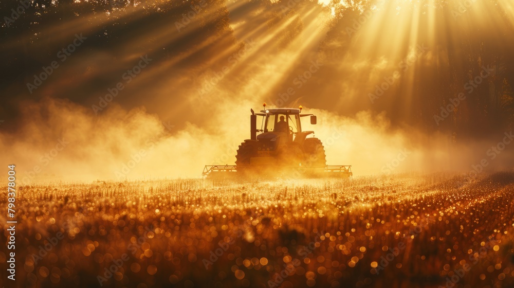 Fototapeta premium Sunlit farming landscape with tractor working through misty fields.