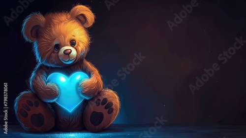 A stuffed animal teddy bear is sitting on a wooden surface. The bear is brown and has a blue heart-shaped object in its paws. It is raining and the bear is getting wet.