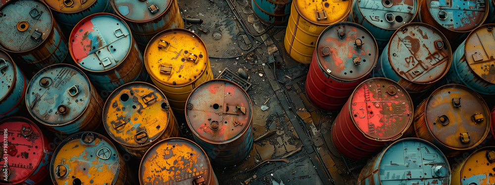 Obraz premium From above, witness the captivating sight of a scrap yard filled with rusty oil barrels, evoking a sense of industrial history and forgotten stories