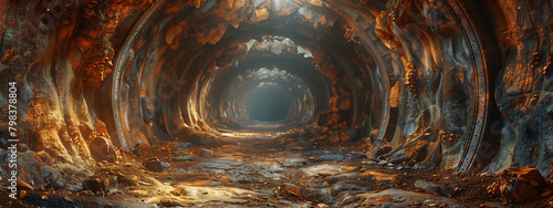 Discover the hidden beauty within a hazy tunnel, adorned with ancient rocks and rusted iron, evoking a sense of intrigue