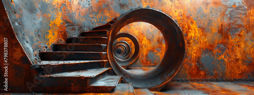 Step into a surreal absurd world to a rusty metal wall, where a mysterious hole leads into the unknown, and an impossible staircase takes you to new dimensions.. photo
