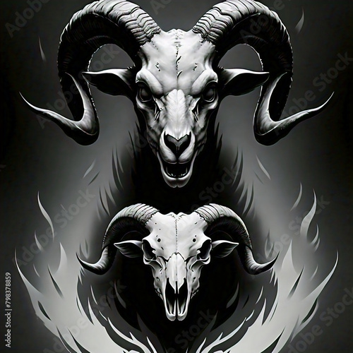 Ram skulls with horns and flames on a black background, vector illustration. satanic goat heads drawings. 