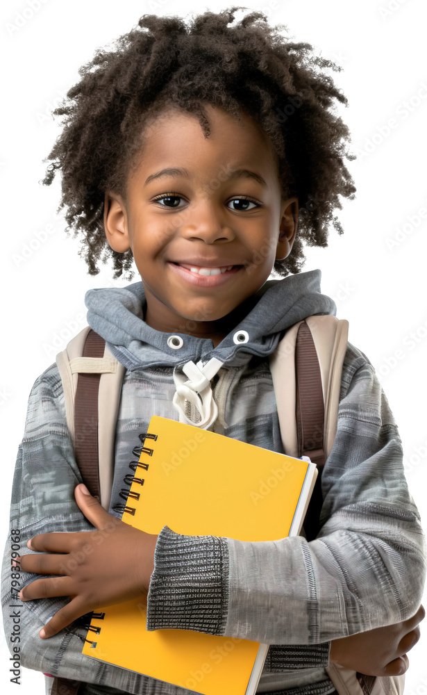 Smart Afro American little schoolboy holding notebook. Isolated over white transparent background Smart Afro American little schoolboy holding notebook. Isolated over white transparent background