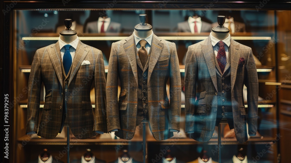 Stylish men's suits on display in a luxury fashion store window. Stylish men's suits on display in a luxury fashion store window.