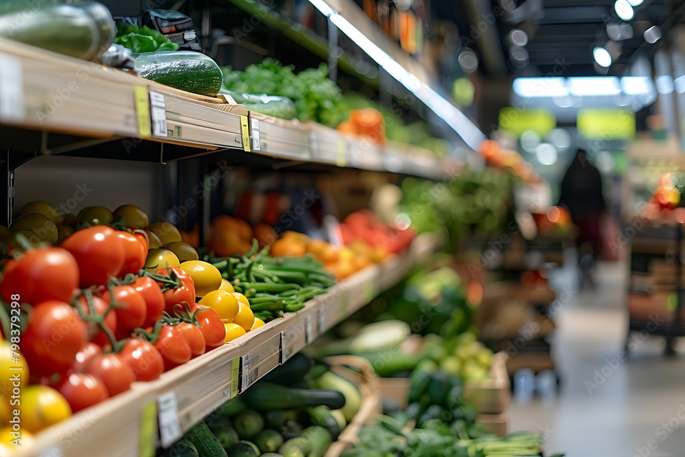 Supermarket with fresh vegetables and fruits on shelves