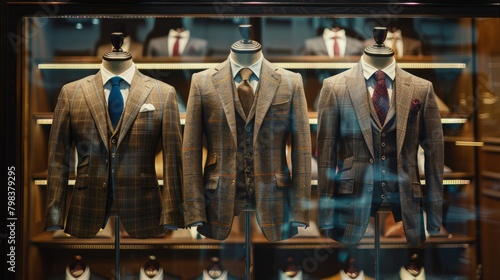 Stylish men's suits on display in a luxury fashion store window. photo