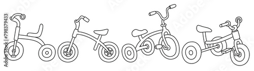 Cute doodle tricycle or baby bicycle set.