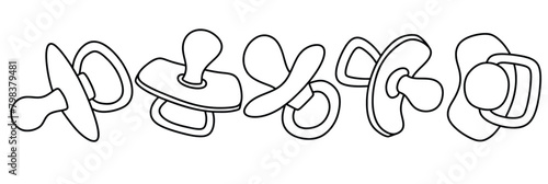 Cute pacifier doodle icon set.