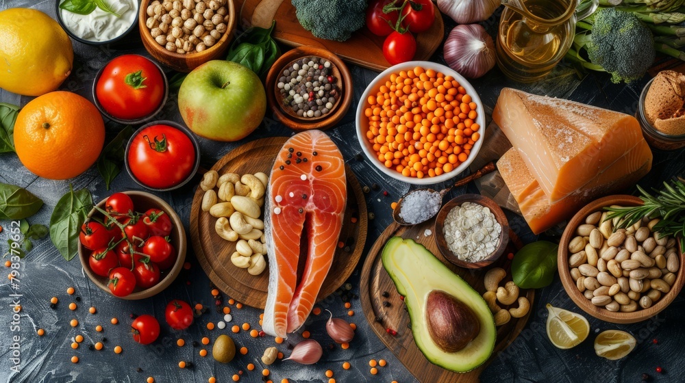 Nutritionist consulting over a table of recommended foods for cholesterol management Nutritionist consulting over a table of recommended foods for cholesterol management