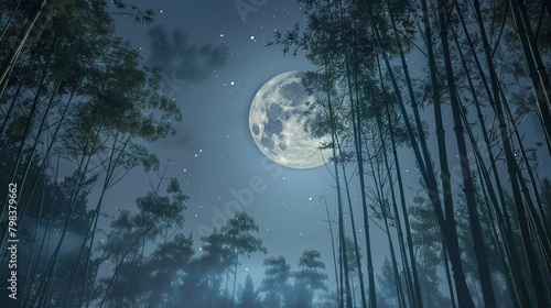 A full moon shines through a sparse bamboo forest at night.