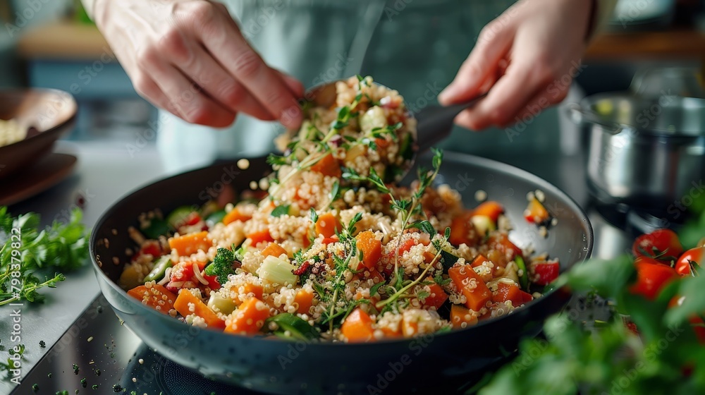 Close-up on hands preparing a quinoa and vegetable stir-fry, kitchen counter Close-up on hands preparing a quinoa and vegetable stir-fry, kitchen counter