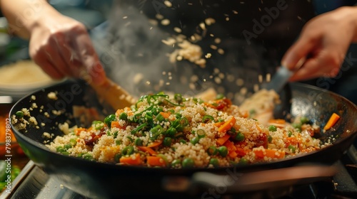 Close-up on hands preparing a quinoa and vegetable stir-fry, kitchen counter