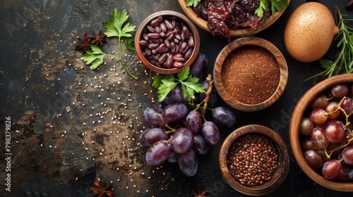 Creative flat lay of foods with natural statins, like red rice yeast and grapes