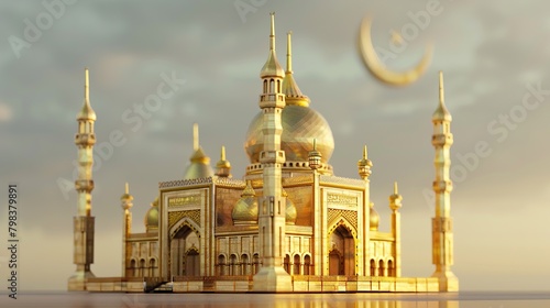 The image depicts a gold-colored mosque with a large central dome and four smaller domes. There are four minarets, two on each side of the central dome. The mosque is surrounded by a courtyard.

