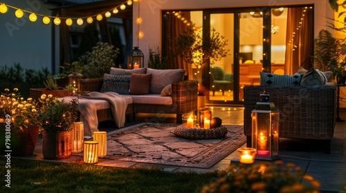 Cozy outdoor patio setup with warm lights at twilight.