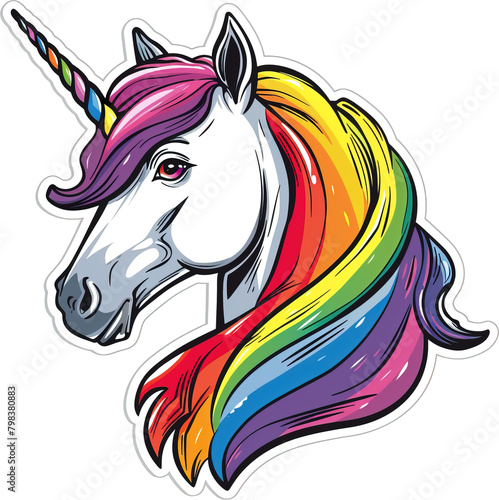Unicorn sticker with colorful rainbow pride hair over isolated transparent background