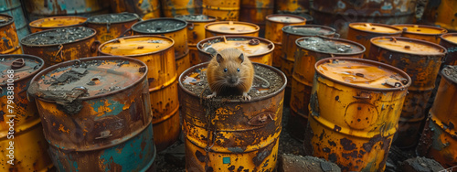 A scrap yard reveals a bunch of rusted oil barrels with a curious big rat claiming the top spot.