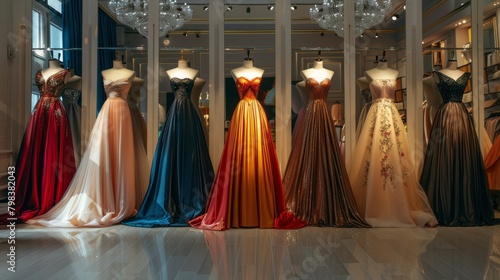 Elegant evening gowns on mannequins in a chic boutique display.
