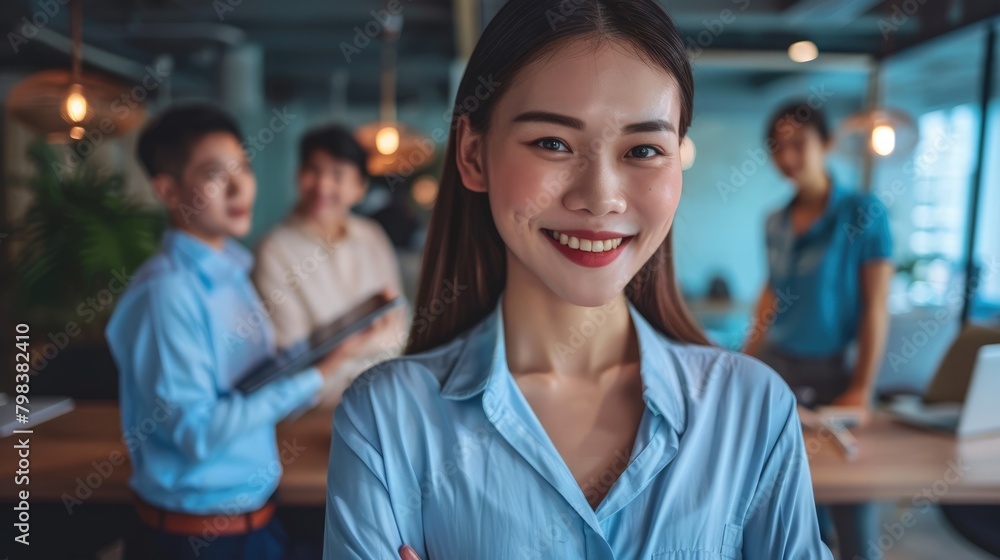 Smiling confident business leader looking at camera and standing in office at team meeting. Portrait of pretty Asian businesswoman with colleagues. AI Generated