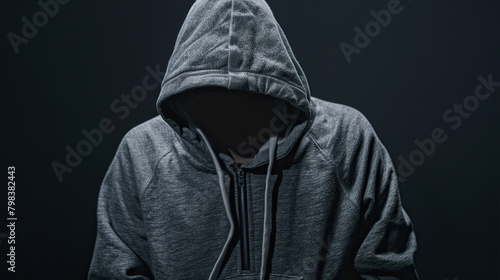 A person wearing a grey zip-up hoodie with the hood up is standing with hands in their front pockets. The person's face is not visible.

