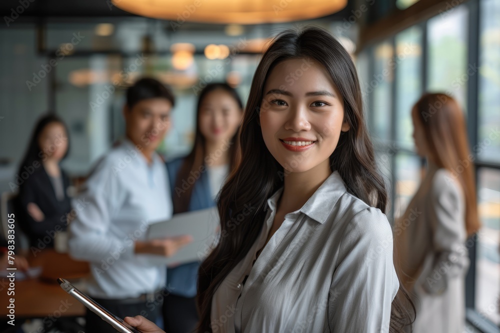 Smiling confident business leader looking at camera holding a digital tablet and standing in office at team meeting. Portrait of pretty Asian businesswoman with colleagues. AI Generated Smiling confident business leader looking at camera holding a digital tablet and standing in office at team meeting. Portrait of pretty Asian businesswoman with colleagues. AI Generated