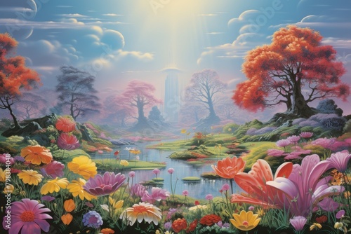 A spring garden landscape outdoors painting.