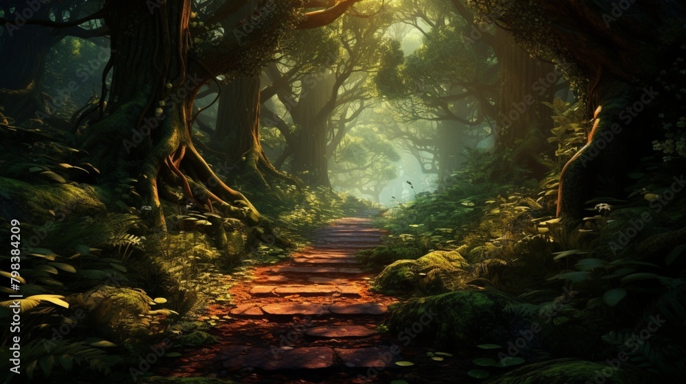  A lush green forest with sunlight streaming through the canopy, illuminating a winding path carpeted with fallen leaves.