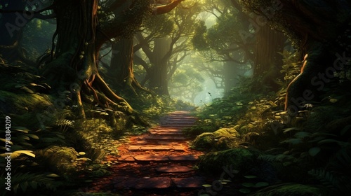  A lush green forest with sunlight streaming through the canopy, illuminating a winding path carpeted with fallen leaves.