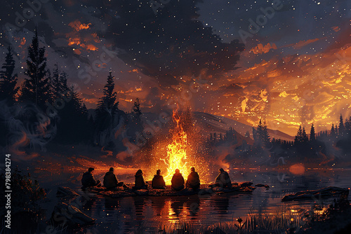 A group of people are sitting around a fire in a forest