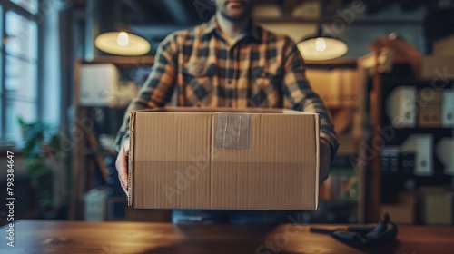 A person packaging a cardboard box on a wooden table.